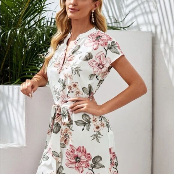 Boho Floral Print High-Low Belted Mini Dress - Picture 6 of 7